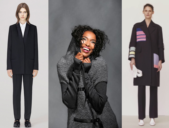 Left to right: COS (the new upscale H&M spinoff), a woman with enough warmth and verve to make a gray sweater look appealing for fall, and Celine.